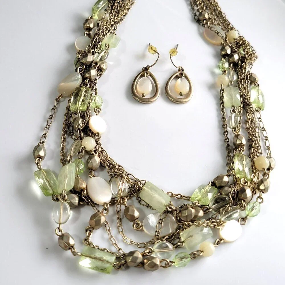 Lia Sophia Statement Necklace & Drop Earrings Set Mother of Pearl Green 16